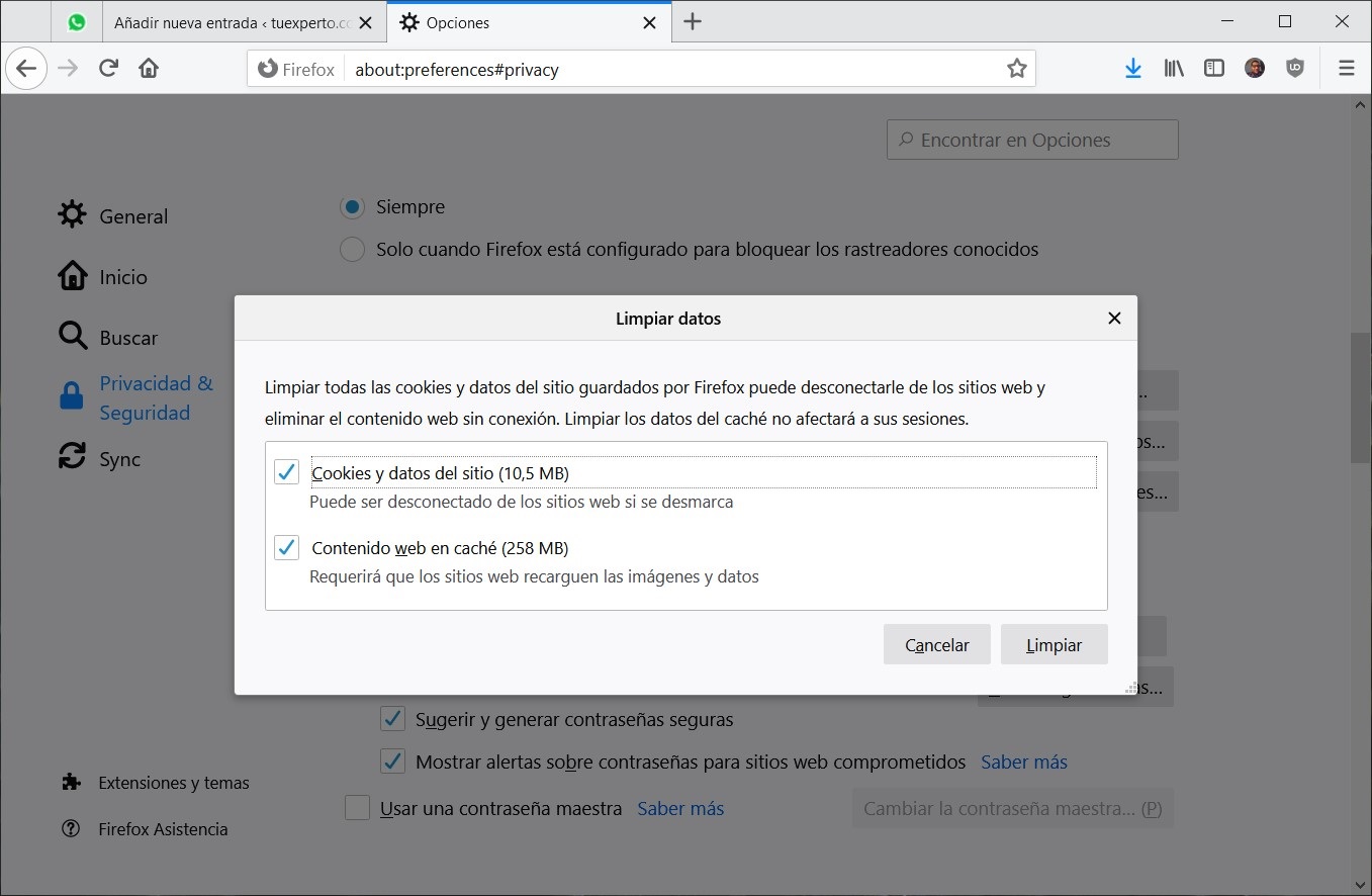 Clear data with Firefox