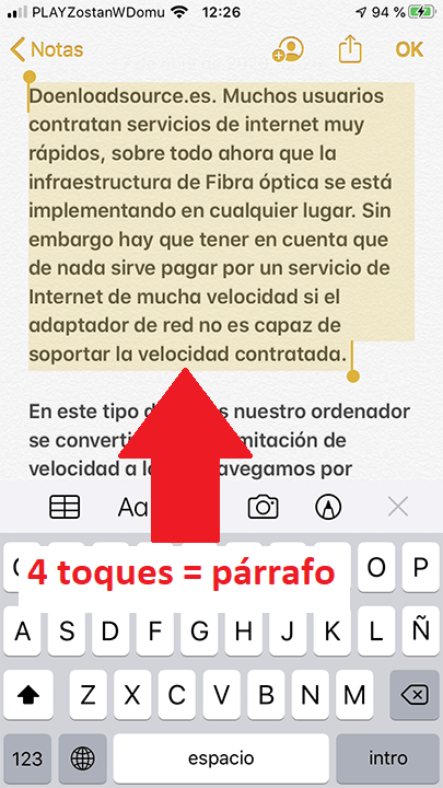 how to select a paragraph in the iPhone text 