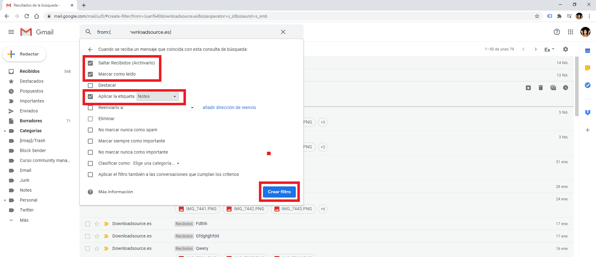 disable notifications of emails received from an email address in Gmail