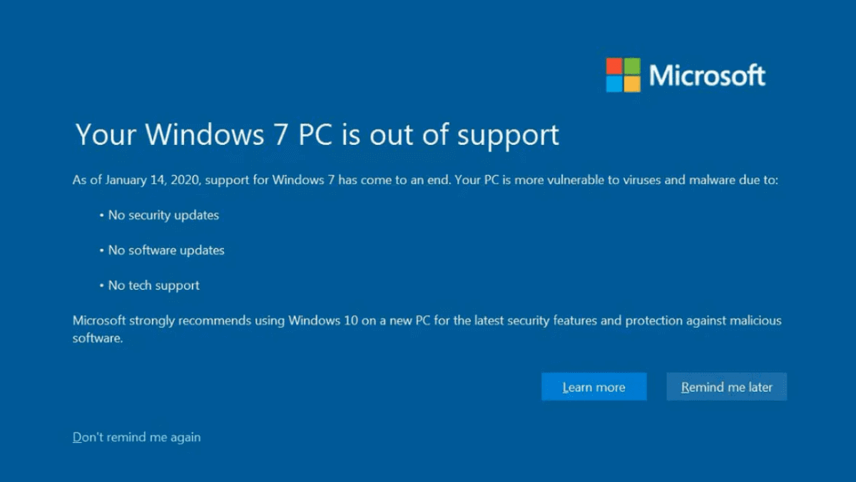 Don't show end of support screen in Windows 7