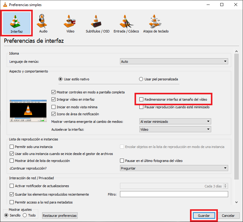 prevent vlc window from automatically adjusting to video resolution