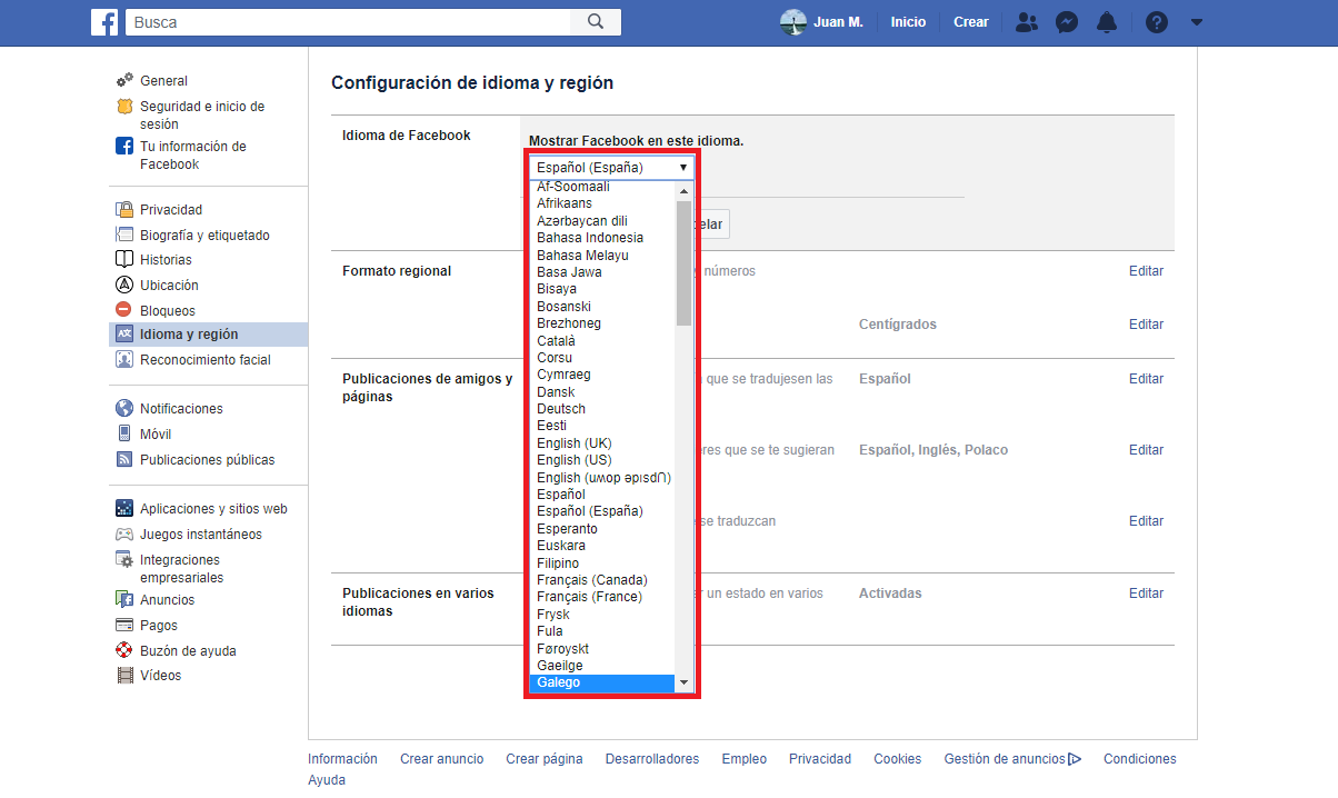 how to use a different language on facebook